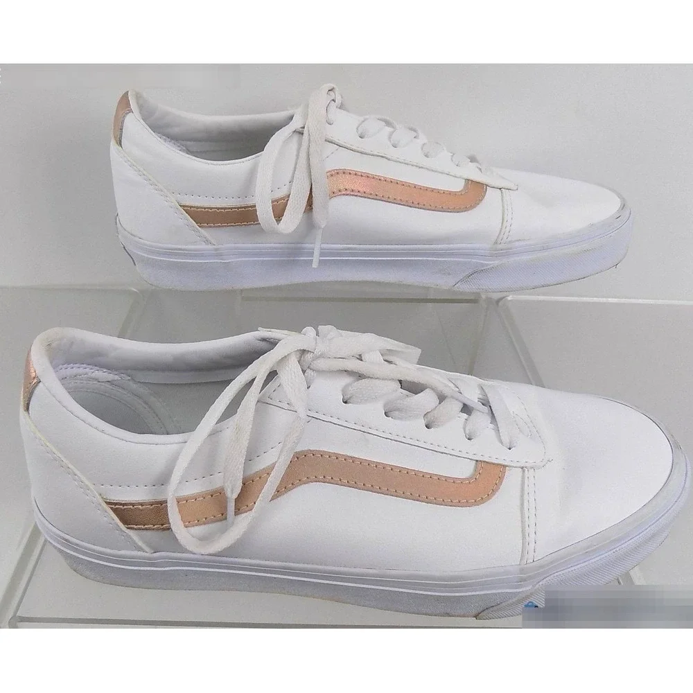 Vans Ward White Leather Rose Gold Metallic Stripe Sneakers Womens 11 Low Top